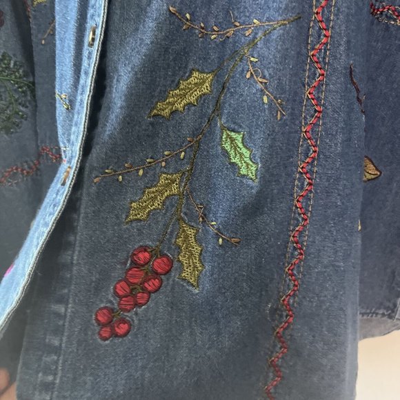 MADISON AVENUE Embroidered Denim Button Up XL Christmas Thanksgiving Shirt VTG - Picture 5 of 7